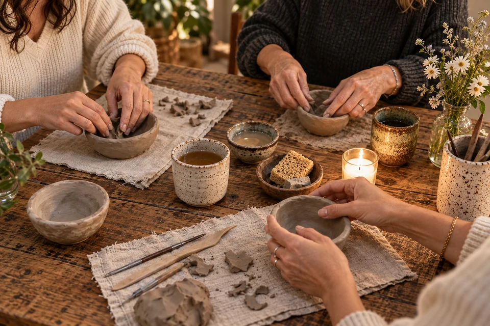 Klei, thee en kaarslicht aan een creatieve tafel