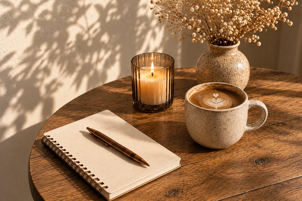Een kop koffie, een notitieboek en een kaars in warme middagzon