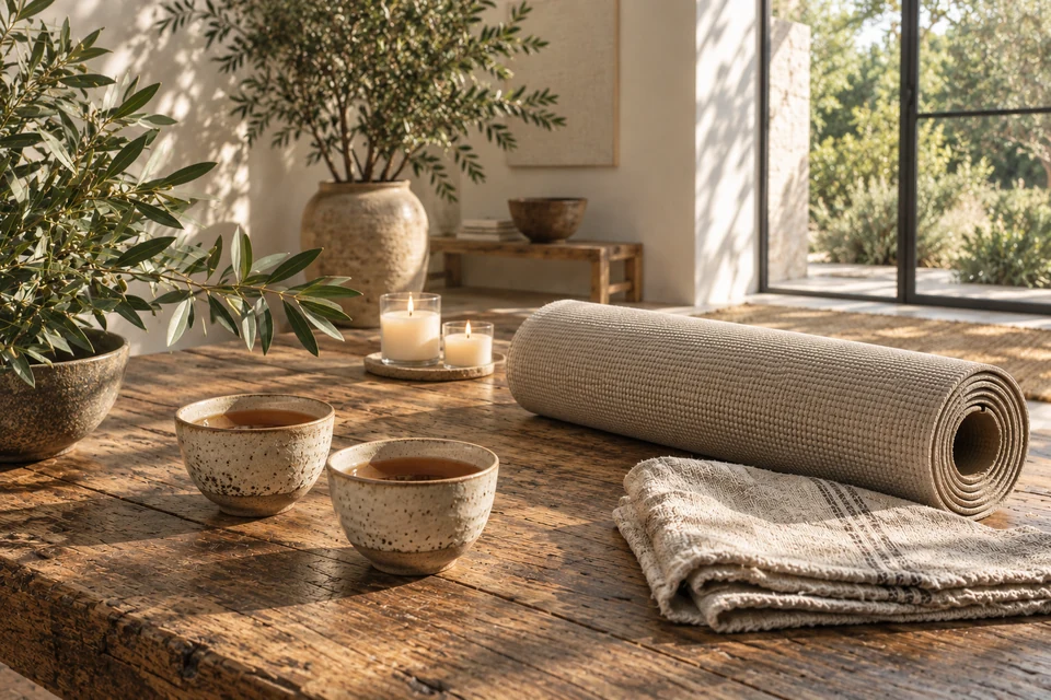 Een rustige sfeer met thee, een yogamat en zachte middagzon
